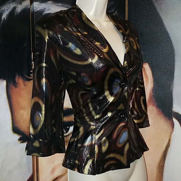 Tatyana CAT EYE SNAKE Jacket Bettie Page Stretch Gold Brown Vegan Leather Bolero - Picture 5 of 8